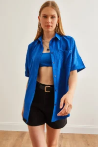 Olalook Women's Saks Blue Single Pocket Striped Loose Shirt - Image 2
