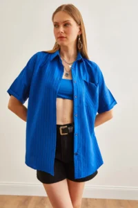Olalook Women's Saks Blue Single Pocket Striped Loose Shirt - Image 3