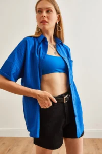 Olalook Women's Saks Blue Single Pocket Striped Loose Shirt - Image 4