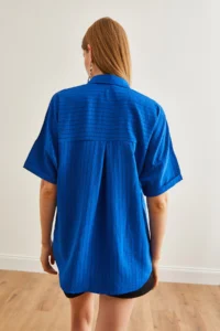 Olalook Women's Saks Blue Single Pocket Striped Loose Shirt - Image 5
