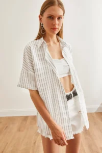 Olalook Women's White Single Pocket Striped Loose Shirt - Image 2