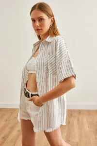 Olalook Women's White Single Pocket Striped Loose Shirt - Image 3