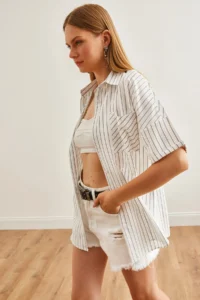 Olalook Women's White Single Pocket Striped Loose Shirt - Image 4