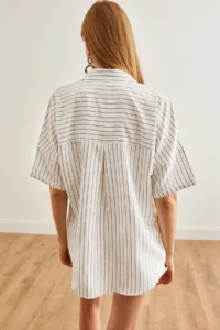 Olalook Women's White Single Pocket Striped Loose Shirt - Image 5