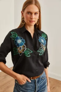 Olalook Women's Floral Black Palm Sequin Detailed Woven Shirt
