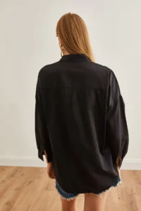 Olalook Women's Floral Black Palm Sequin Detailed Woven Shirt - Image 2
