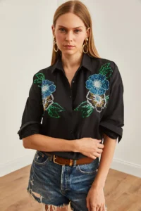 Olalook Women's Floral Black Palm Sequin Detailed Woven Shirt - Image 3