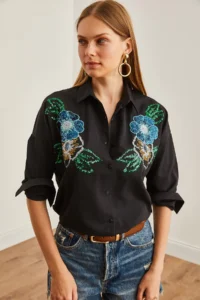 Olalook Women's Floral Black Palm Sequin Detailed Woven Shirt - Image 4