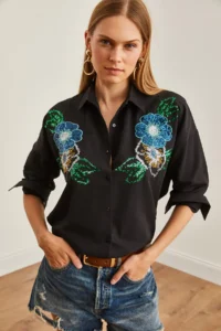 Olalook Women's Floral Black Palm Sequin Detailed Woven Shirt - Image 5