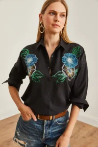 Olalook Women's Floral Black Palm Sequin Detailed Woven Shirt - Image 6