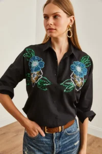 Olalook Women's Floral Black Palm Sequin Detailed Woven Shirt - Image 7