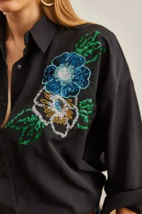 Olalook Women's Floral Black Palm Sequin Detailed Woven Shirt - Image 8