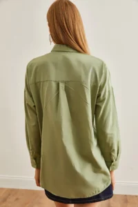 Olalook Women's Floral Mold Green Palm Tree Sequin Detailed Woven Shirt - Image 2