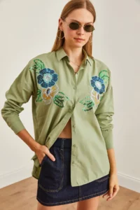Olalook Women's Floral Mold Green Palm Tree Sequin Detailed Woven Shirt - Image 3