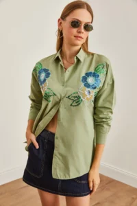 Olalook Women's Floral Mold Green Palm Tree Sequin Detailed Woven Shirt - Image 4