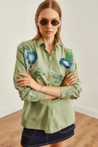 Olalook Women's Floral Mold Green Palm Tree Sequin Detailed Woven Shirt - Image 5