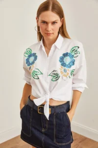 Olalook Women's Floral White Palm Sequin Detailed Woven Shirt - Image 3
