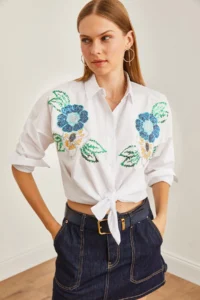 Olalook Women's Floral White Palm Sequin Detailed Woven Shirt - Image 4