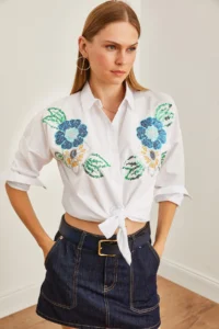Olalook Women's Floral White Palm Sequin Detailed Woven Shirt - Image 5