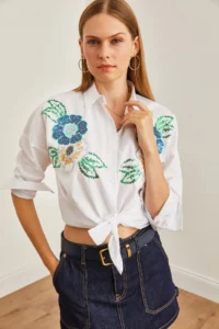 Olalook Women's Floral White Palm Sequin Detailed Woven Shirt - Image 6
