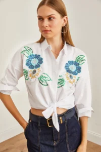 Olalook Women's Floral White Palm Sequin Detailed Woven Shirt - Image 7