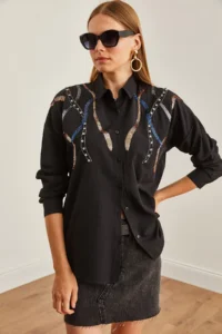 Olalook Women's Juicy Black Palm Tree Detailed Woven Shirt - Image 3