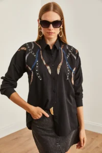 Olalook Women's Juicy Black Palm Tree Detailed Woven Shirt - Image 5