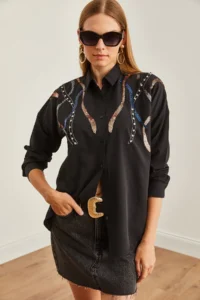 Olalook Women's Juicy Black Palm Tree Detailed Woven Shirt - Image 6