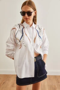 Olalook Women's Juicy White Palm Tree Detailed Woven Shirt - Image 5