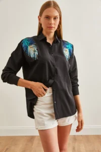 Olalook Women's Black Leaf Sequin Detailed Woven Shirt - Image 3