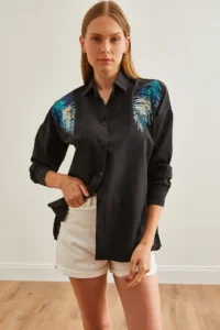 Olalook Women's Black Leaf Sequin Detailed Woven Shirt - Image 4