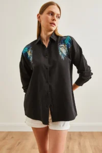 Olalook Women's Black Leaf Sequin Detailed Woven Shirt - Image 5