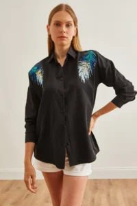 Olalook Women's Black Leaf Sequin Detailed Woven Shirt - Image 6