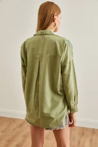 Olalook Women's Mold Green Leaf Sequin Detailed Woven Shirt - Image 2
