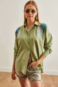 Olalook Women's Mold Green Leaf Sequin Detailed Woven Shirt - Image 4
