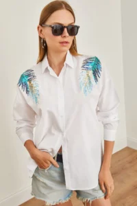 Olalook Women's White Leaf Sequin Detailed Woven Shirt