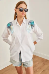 Olalook Women's White Leaf Sequin Detailed Woven Shirt - Image 3