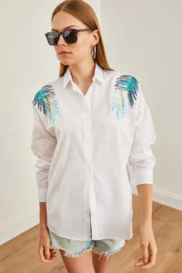 Olalook Women's White Leaf Sequin Detailed Woven Shirt - Image 4