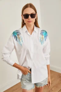 Olalook Women's White Leaf Sequin Detailed Woven Shirt - Image 5