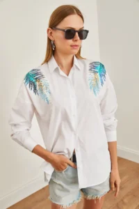 Olalook Women's White Leaf Sequin Detailed Woven Shirt - Image 6