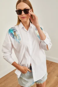Olalook Women's White Leaf Sequin Detailed Woven Shirt - Image 7