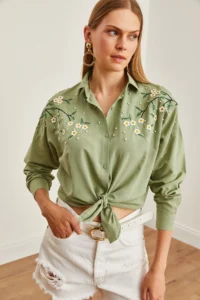 Olalook Women's Daisy Mold Green Embroidery Detailed Oversize Woven Shirt - Image 3