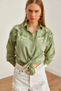 Olalook Women's Daisy Mold Green Embroidery Detailed Oversize Woven Shirt - Image 4