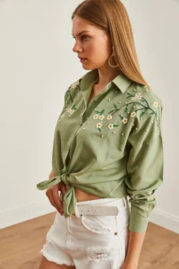 Olalook Women's Daisy Mold Green Embroidery Detailed Oversize Woven Shirt - Image 5