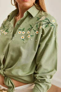 Olalook Women's Daisy Mold Green Embroidery Detailed Oversize Woven Shirt - Image 6