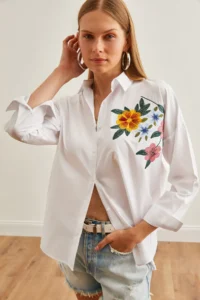 Olalook Women's Floral White Embroidery Detailed Oversize Woven Shirt