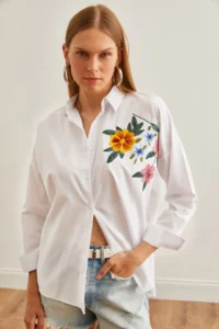Olalook Women's Floral White Embroidery Detailed Oversize Woven Shirt - Image 3