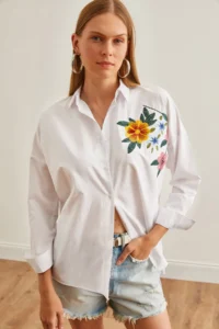 Olalook Women's Floral White Embroidery Detailed Oversize Woven Shirt - Image 4