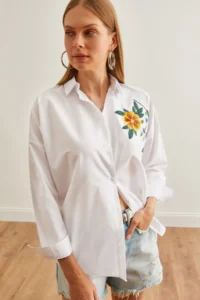 Olalook Women's Floral White Embroidery Detailed Oversize Woven Shirt - Image 5