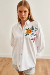 Olalook Women's Floral White Embroidery Detailed Oversize Woven Shirt - Image 6
